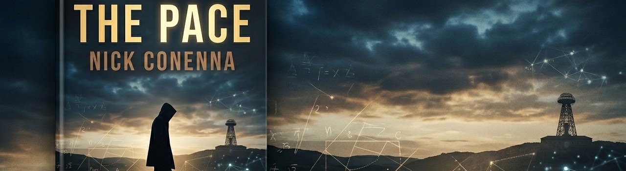 THE PACE — The Cubit and the Quark, Book I. A hooded figure walks toward the Wardenclyffe tower under a clouded sky.