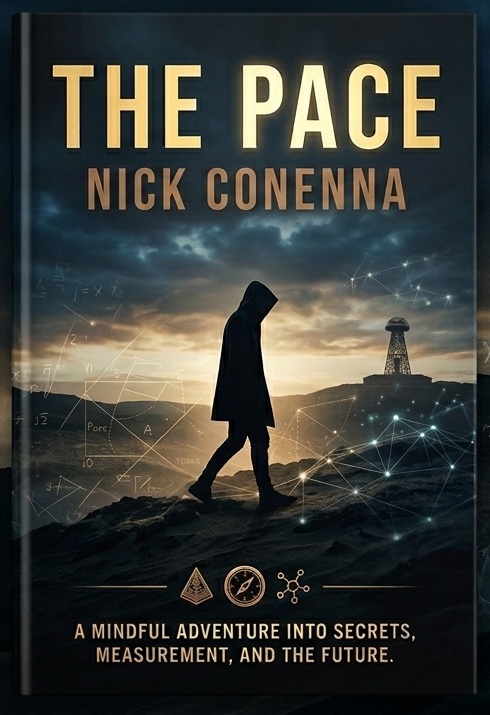 THE PACE, by Nick Conenna — a hooded figure walks toward the Wardenclyffe tower under a clouded sky, ringed by faint geometric equations